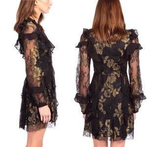 For Love & Lemons Dottie Lace Long Sleeve Mini Dress Gold Metallic Black S